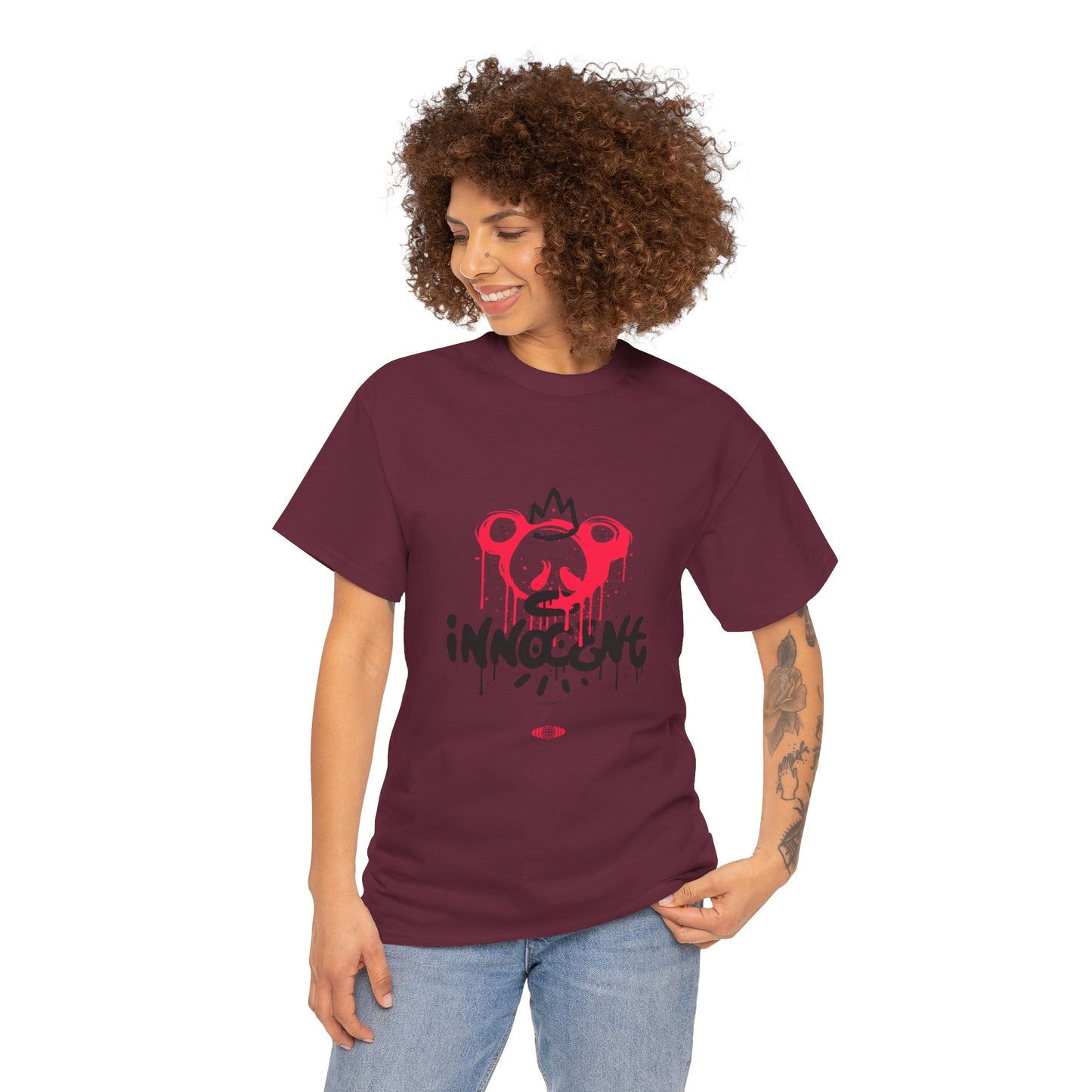 Edgy Graphic Tee: 'Innocent' Design, Urban Fashion, Streetwear, Unisex Cotton T-Shirt, Music Festivals, Casual Wear