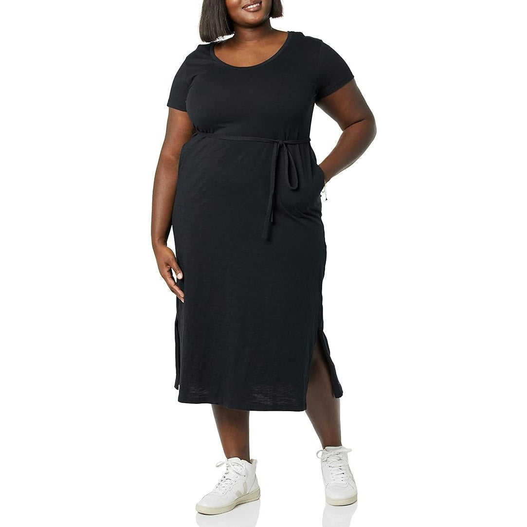NWT New Amazon Essentials Womens Medium Short Sleeve Belted Midi Tee Shirt Dress