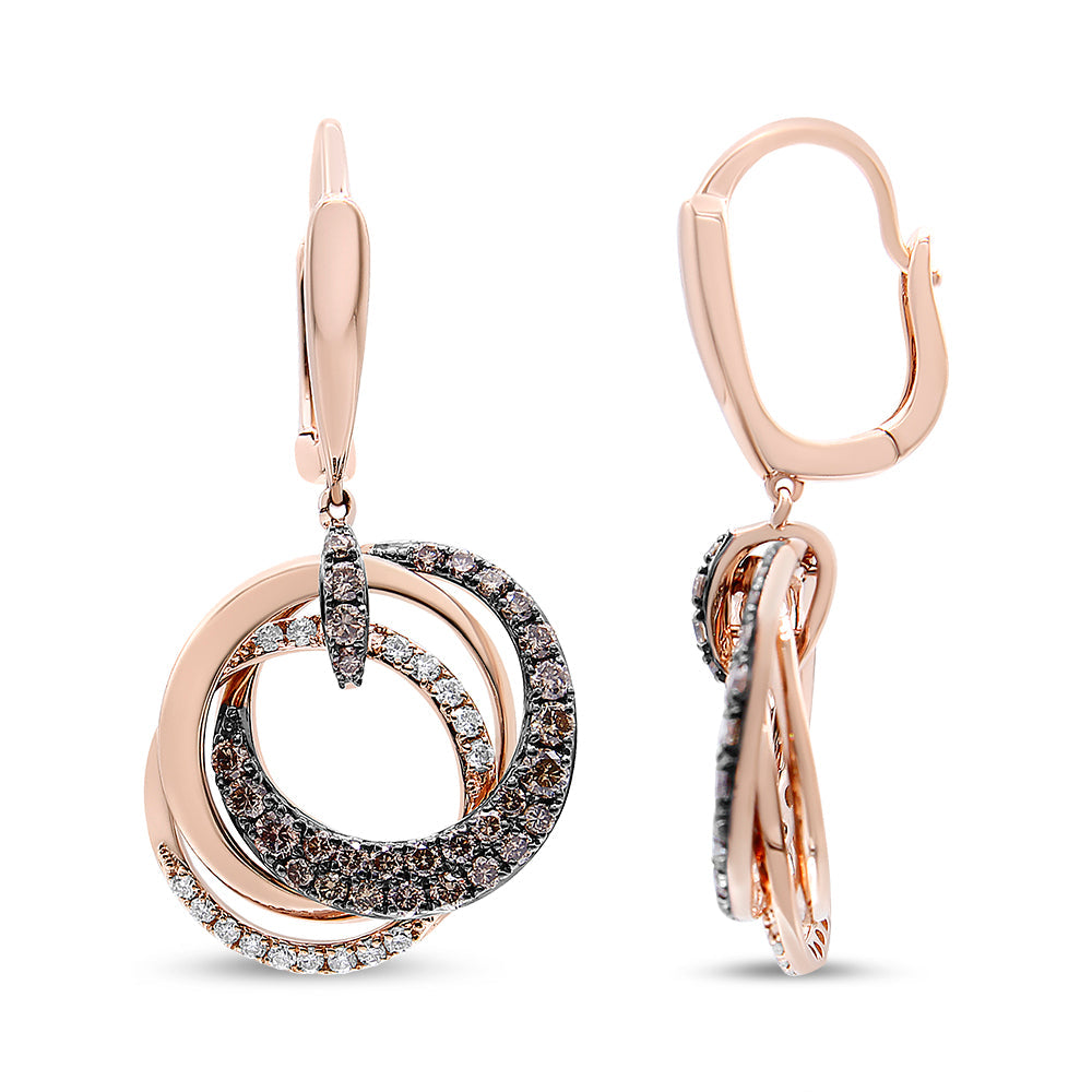 14K Rose Gold 1.00 Cttw White and Brown Diamond Intertwining Hoops and Circle Dangle Earrings (H-I/Brown Color, SI1-SI2 Clarity)-3