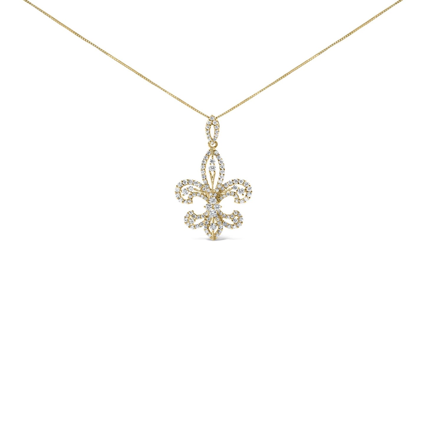 14K Yellow Gold 1.00 Cttw Round Diamond Fleur De Lis 18" Pendant Necklace (H-I Color, SI2-I1 Clarity)-0