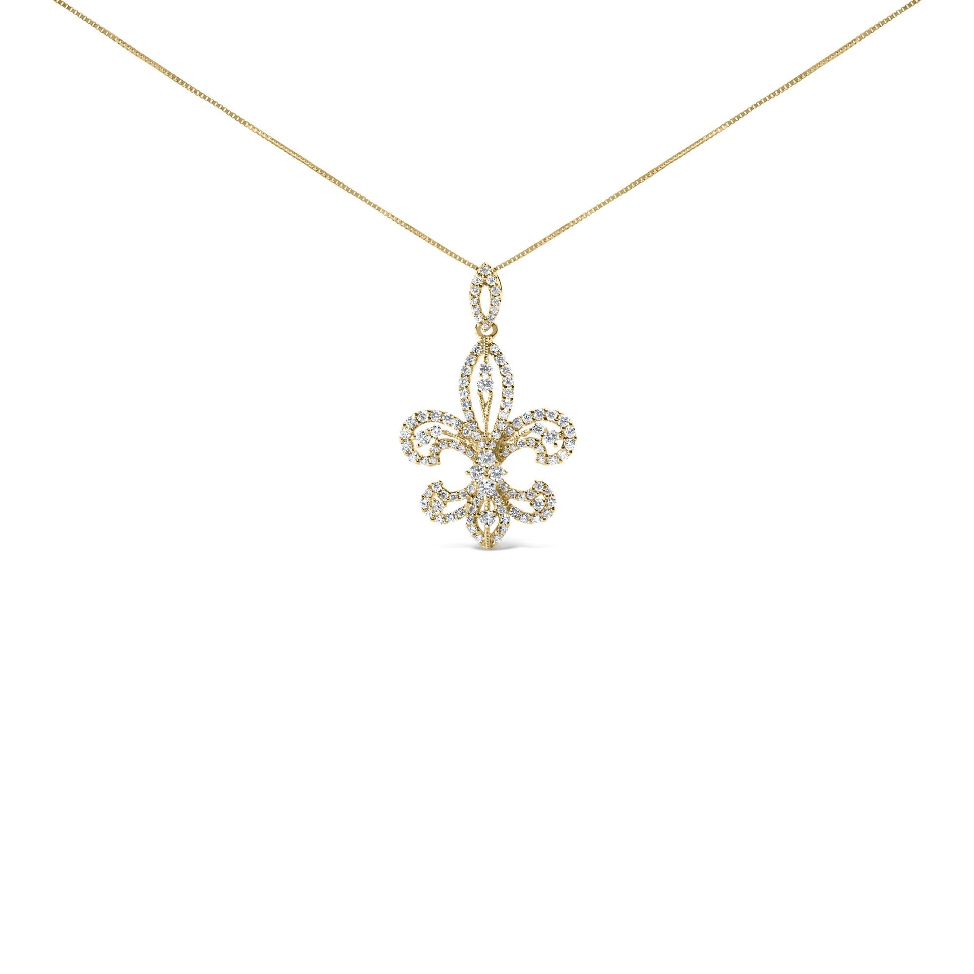 14K Yellow Gold 1.00 Cttw Round Diamond Fleur De Lis 18" Pendant Necklace (H-I Color, SI2-I1 Clarity)-0