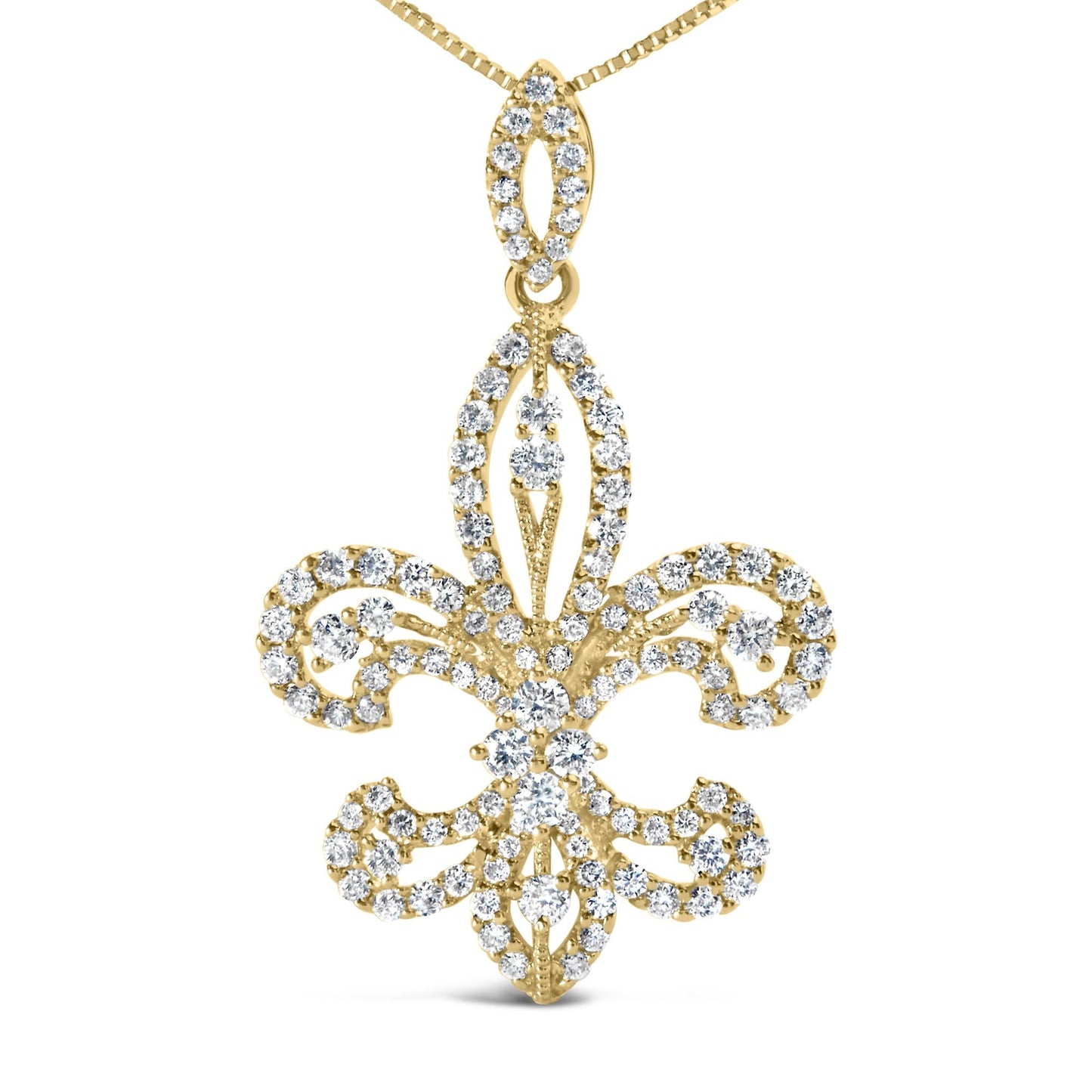 14K Yellow Gold 1.00 Cttw Round Diamond Fleur De Lis 18" Pendant Necklace (H-I Color, SI2-I1 Clarity)-1