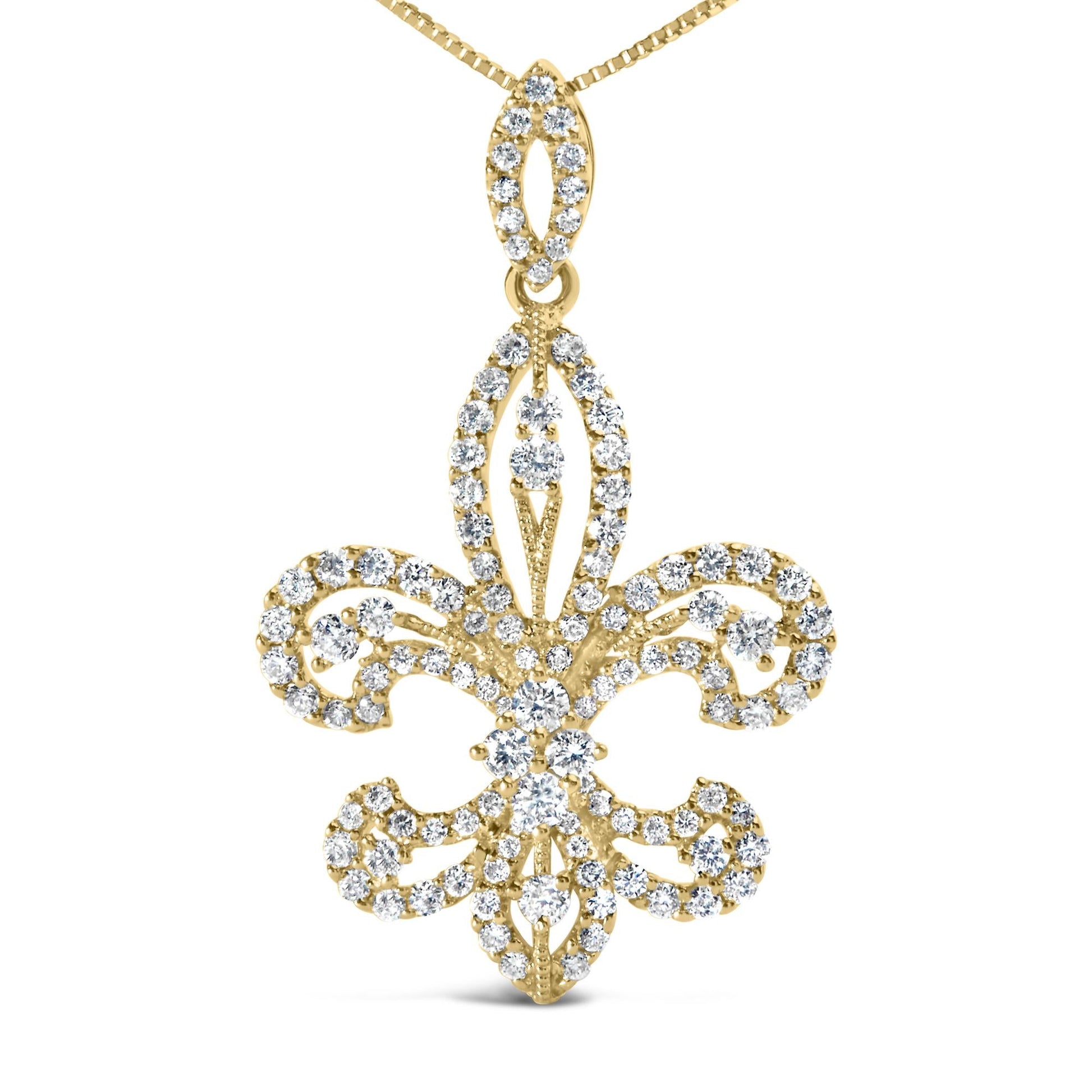 14K Yellow Gold 1.00 Cttw Round Diamond Fleur De Lis 18" Pendant Necklace (H-I Color, SI2-I1 Clarity)-1