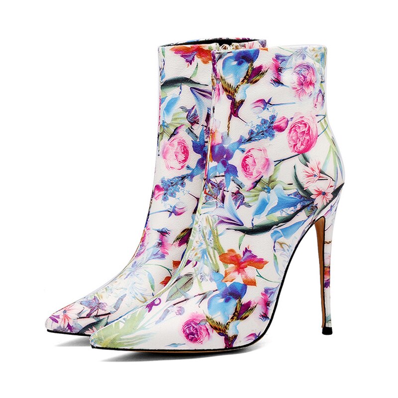 Spring Autumn Women Pointed Toe Sexy Stilettos Steel Heels 12cm Zipper Flowers Ankle Boots Large Size 43 44 45 New