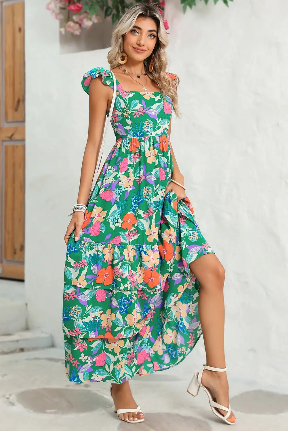 Floral Ruffle Green Tiered Maxi Dress
