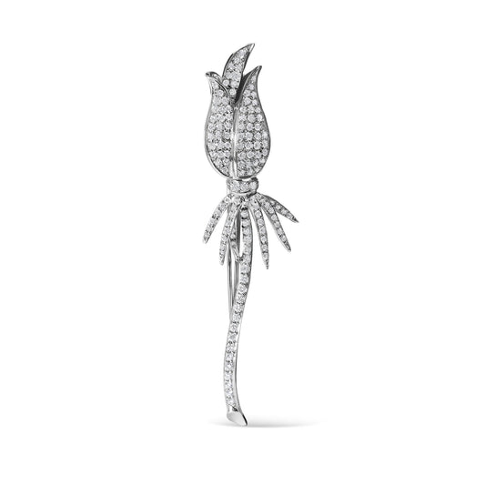 18K White Gold 1 3/5 Cttw Pave Set Diamond Tulip Brooch Pin (H-I Color, VS1-VS2 Clarity)-0