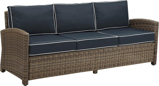 Brown Wicker Outdoor Sofa with Navy Cushions for Comfort-0