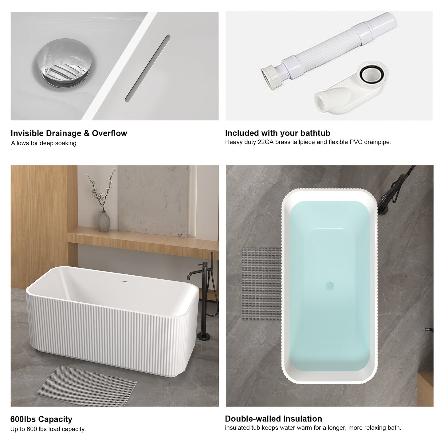 59" Rectangle Linear Acrylic Freestanding Bathtub