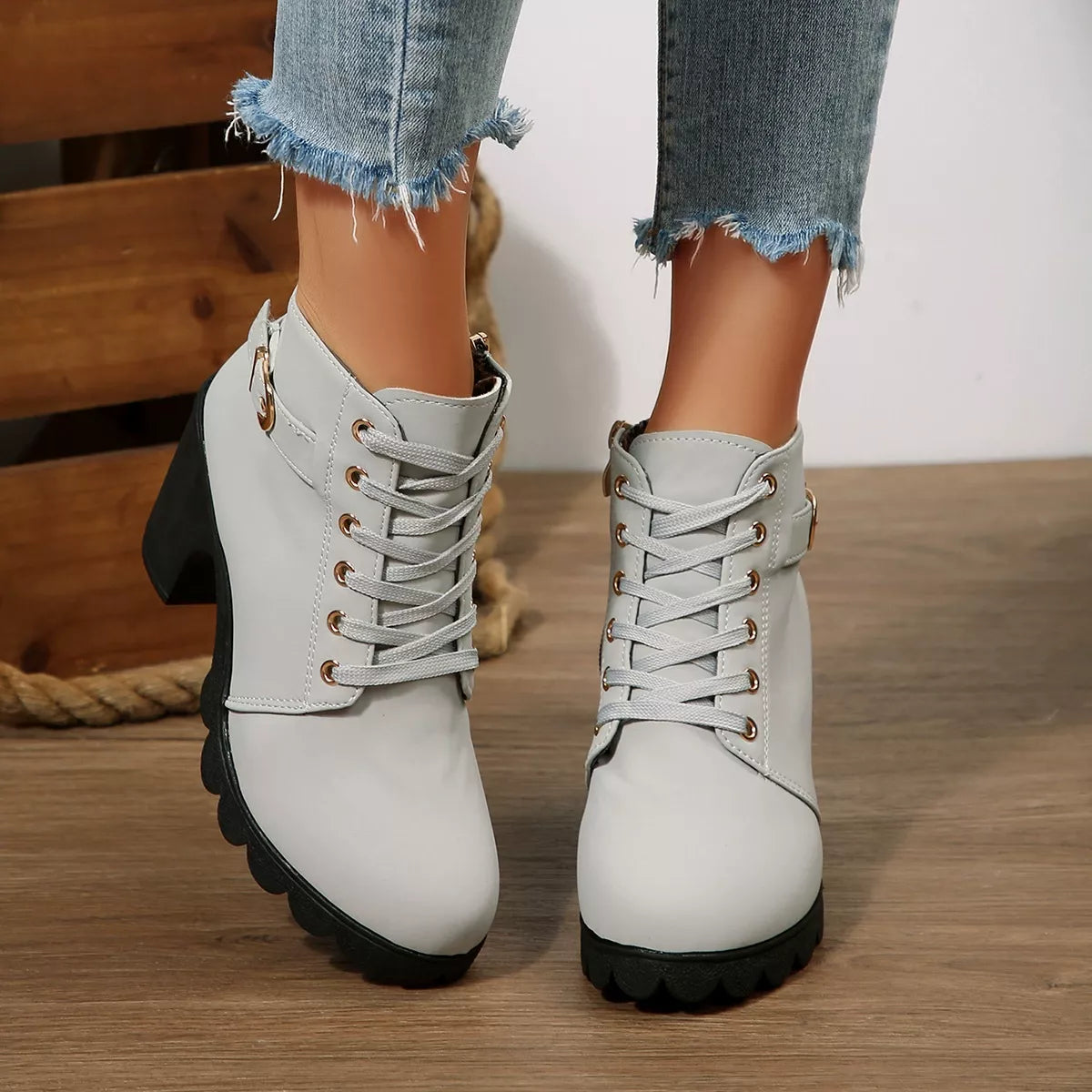 Lace Up Block Heels Boots