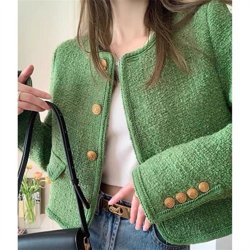 Green wool small fragrant style jacket for women's high-end design with a sense of spring and autumn temperament Short top