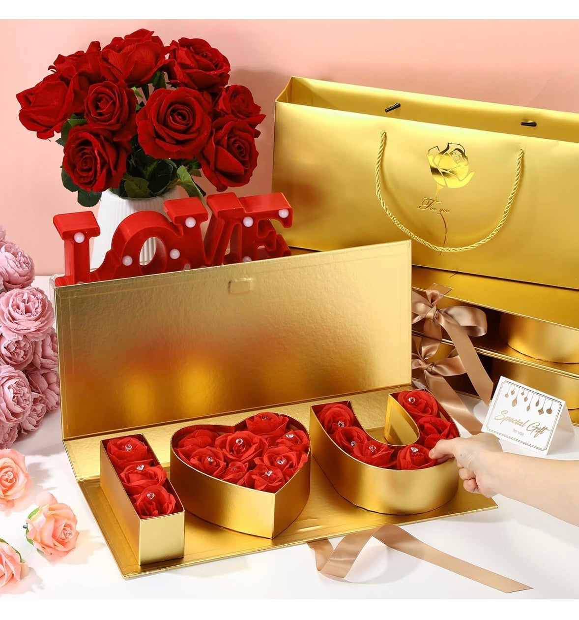 "I Love You" Box Cardboard 3 Fillable Flower Box 3 Gift Bags 3 Greeting Cards Raffia Paper Shreds for DIY Valentine's Day Wedding Bridal Shower Birthday Chocolate Gifts Packaging