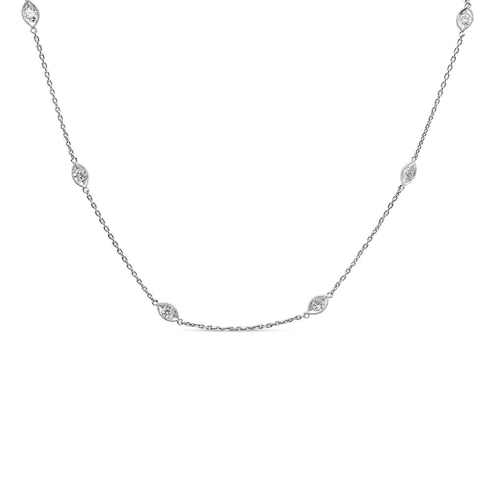 14K White Gold 1.00 Cttw Bezel Set Round Diamond Marquise Shaped Milgrain Station 18" Collar Necklace (G-H Color, SI1-SI2 Clarity)-0