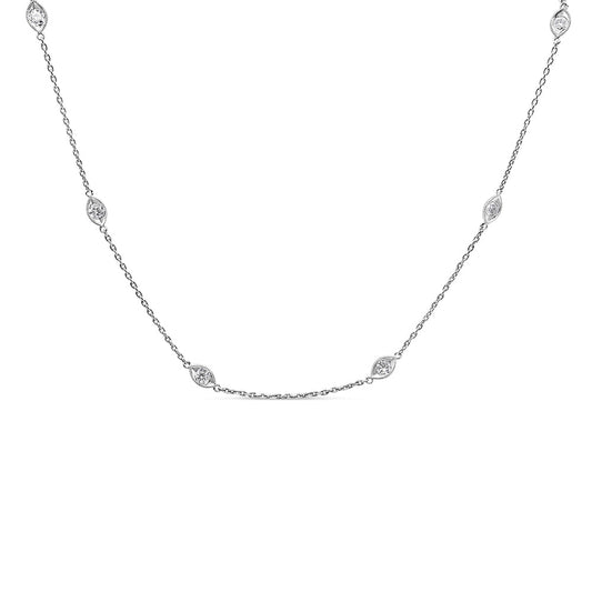 14K White Gold 1.00 Cttw Bezel Set Round Diamond Marquise Shaped Milgrain Station 18" Collar Necklace (G-H Color, SI1-SI2 Clarity)-0