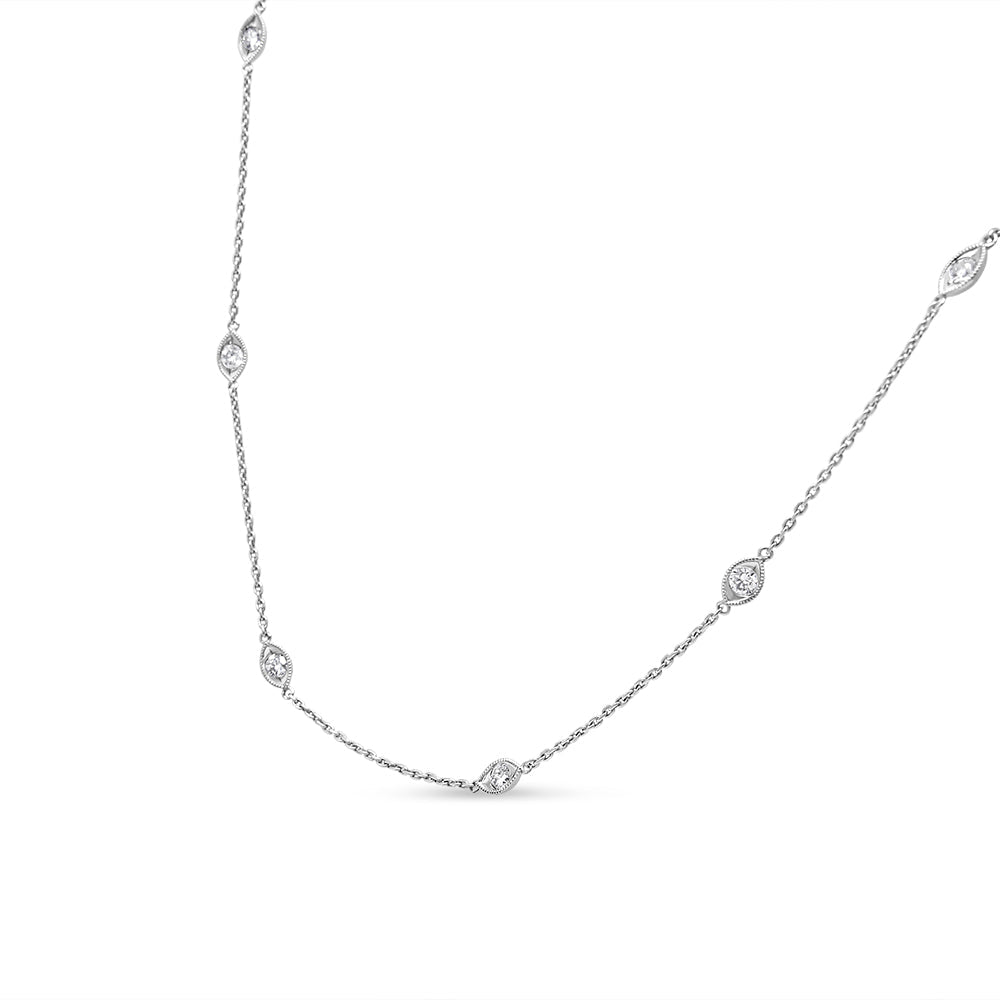 14K White Gold 1.00 Cttw Bezel Set Round Diamond Marquise Shaped Milgrain Station 18" Collar Necklace (G-H Color, SI1-SI2 Clarity)-1