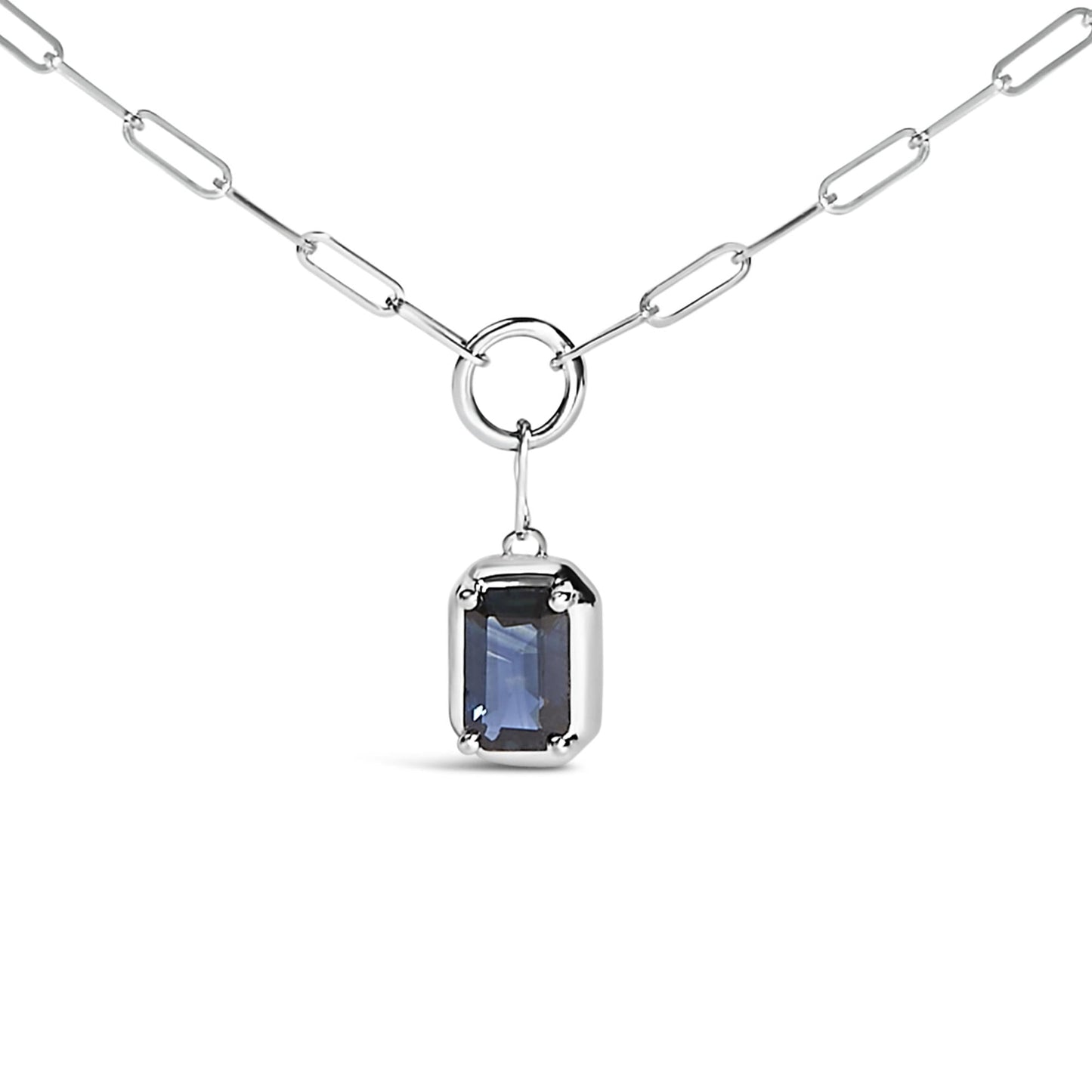 10K White Gold Emerald Cut 6x4 MM Blue Sapphire Solitaire Pendant Necklace - 18 inch-1