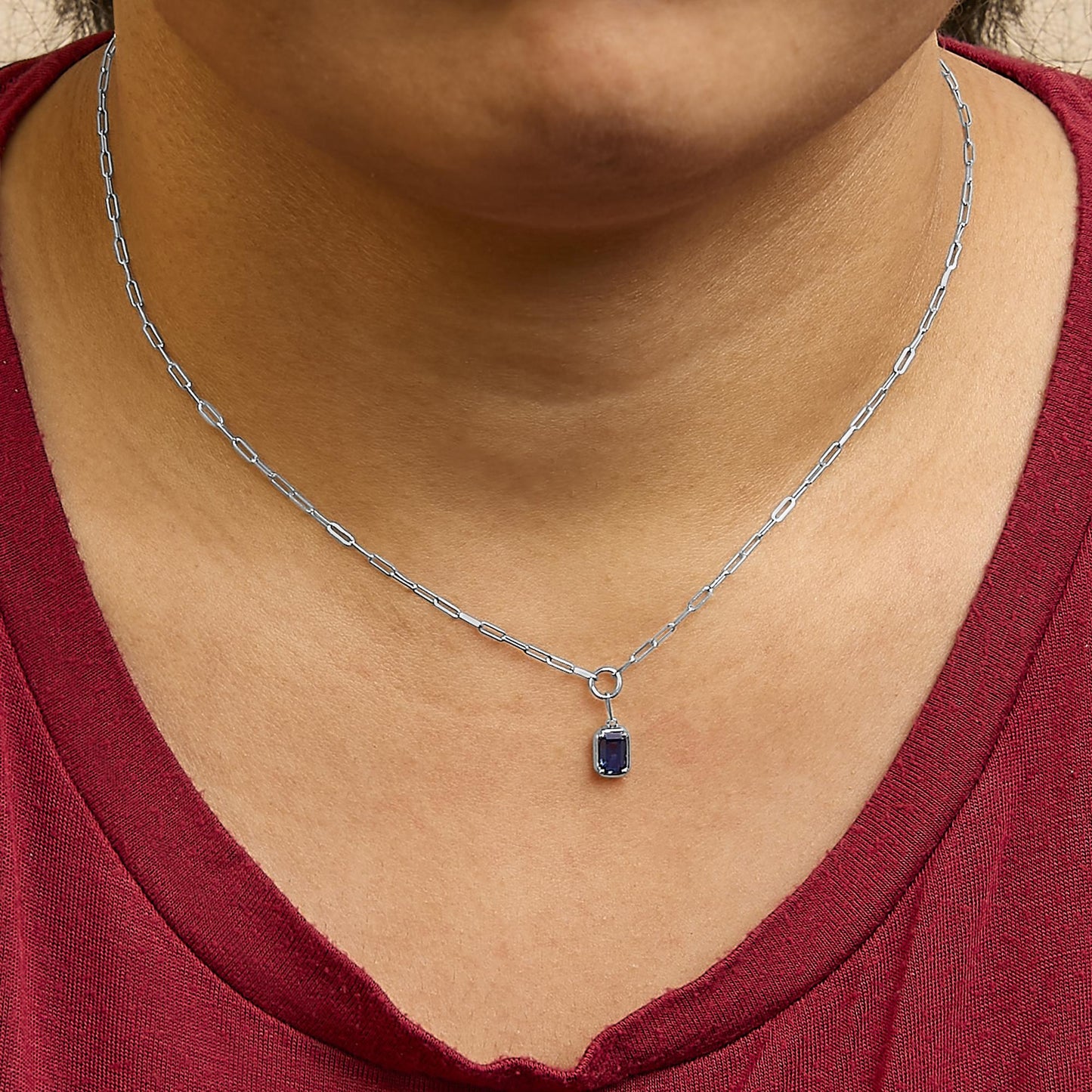 10K White Gold Emerald Cut 6x4 MM Blue Sapphire Solitaire Pendant Necklace - 18 inch-2