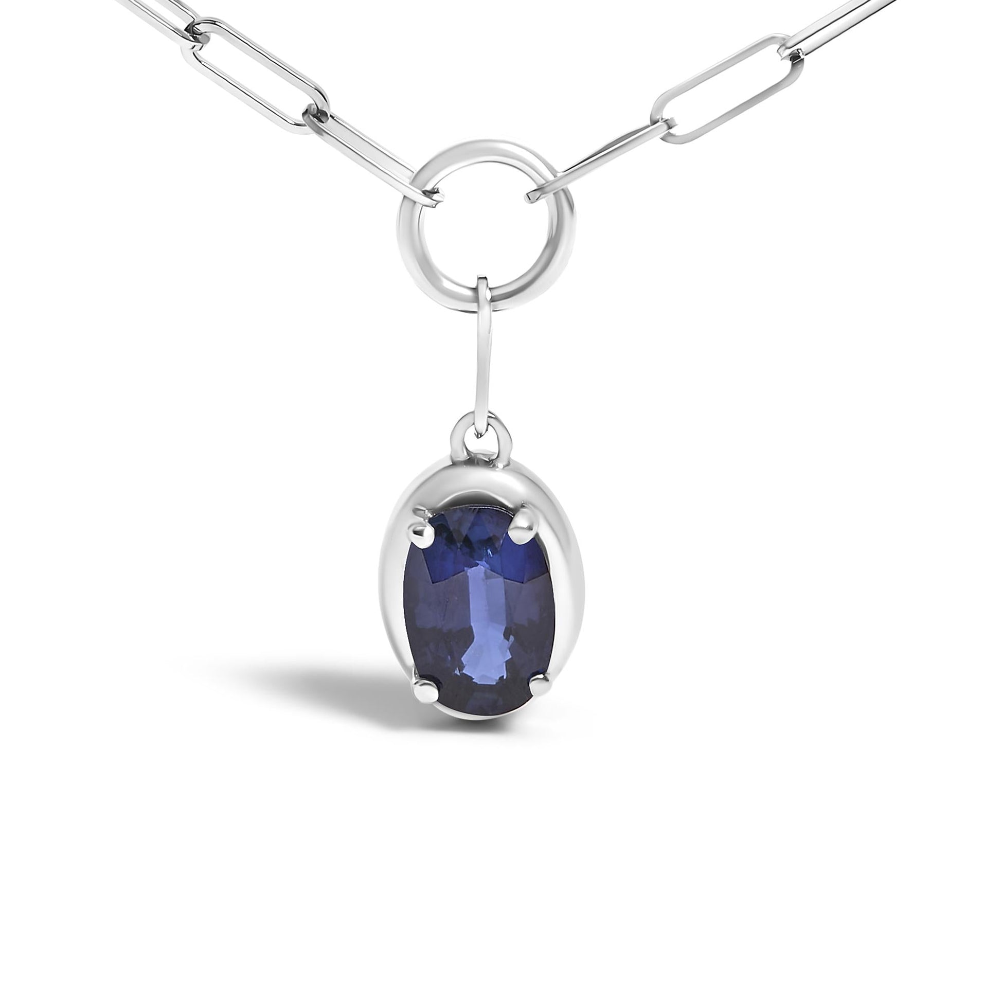 10K White Gold 6x4 mm Oval Blue Sapphire Solitaire Paperclip Pendant Necklace - 18" Inches-1