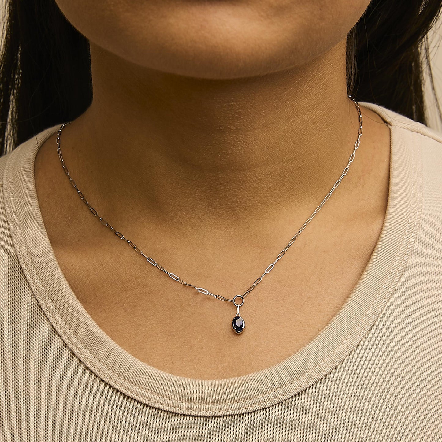 10K White Gold 6x4 mm Oval Blue Sapphire Solitaire Paperclip Pendant Necklace - 18" Inches-2