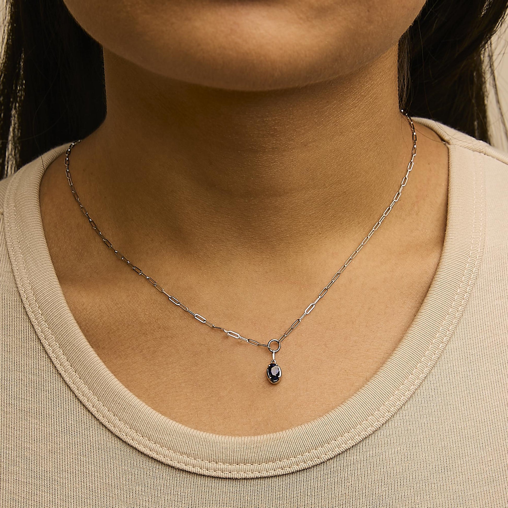10K White Gold 6x4 mm Oval Blue Sapphire Solitaire Paperclip Pendant Necklace - 18" Inches-2