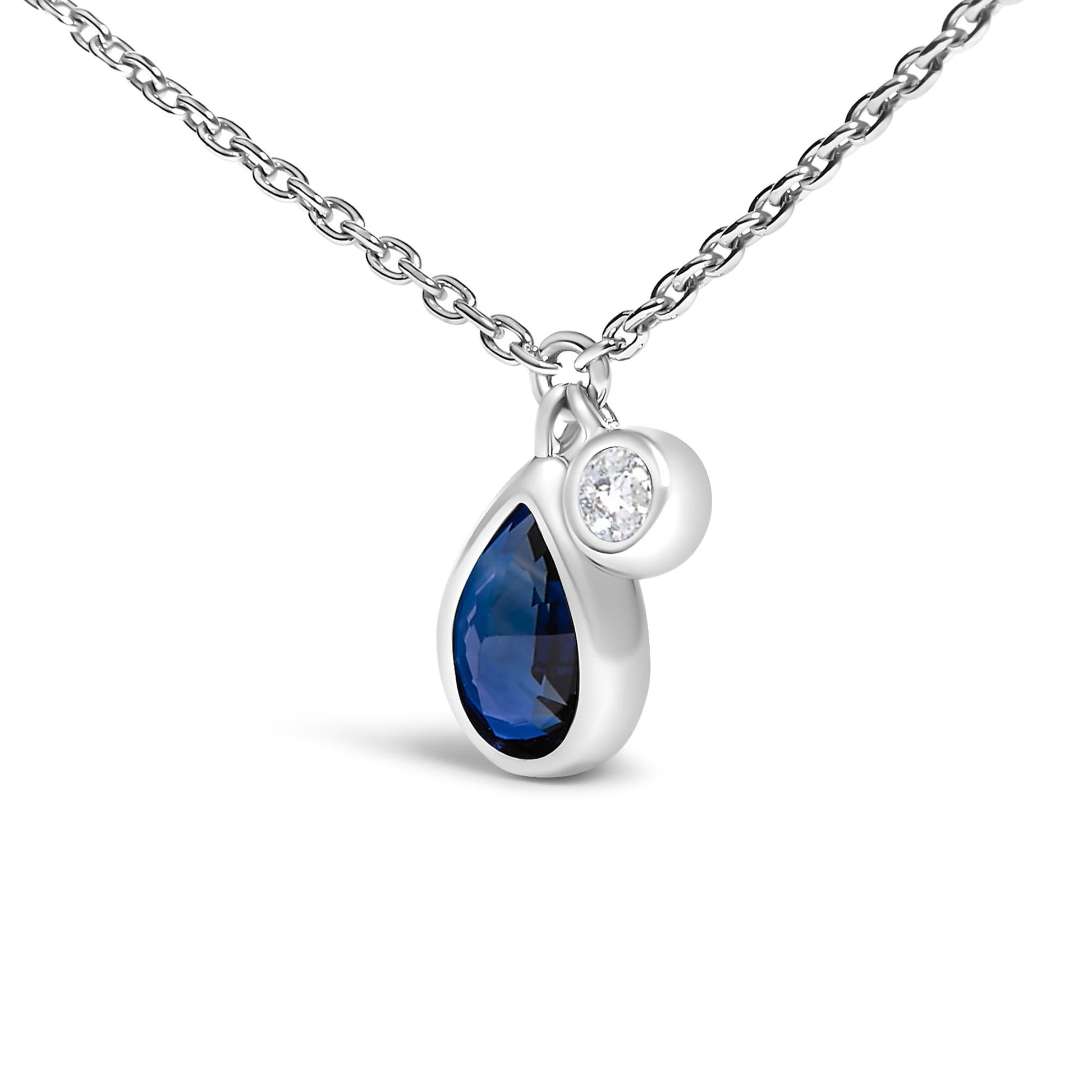 14K White Gold 6x4mm Pear Blue Sapphire and Diamond Accent Charm Pendant Necklace - 18" Inches-3