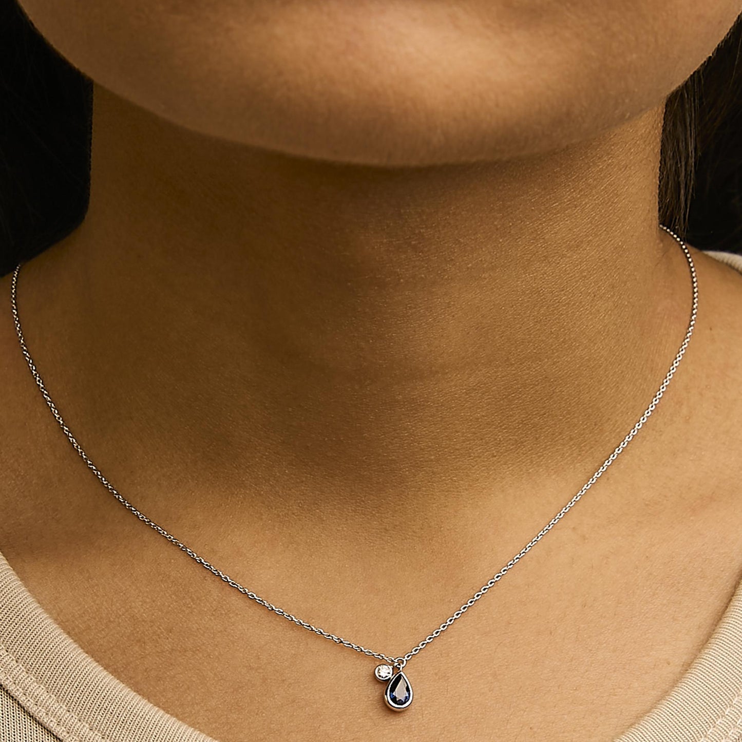 14K White Gold 6x4mm Pear Blue Sapphire and Diamond Accent Charm Pendant Necklace - 18" Inches-2