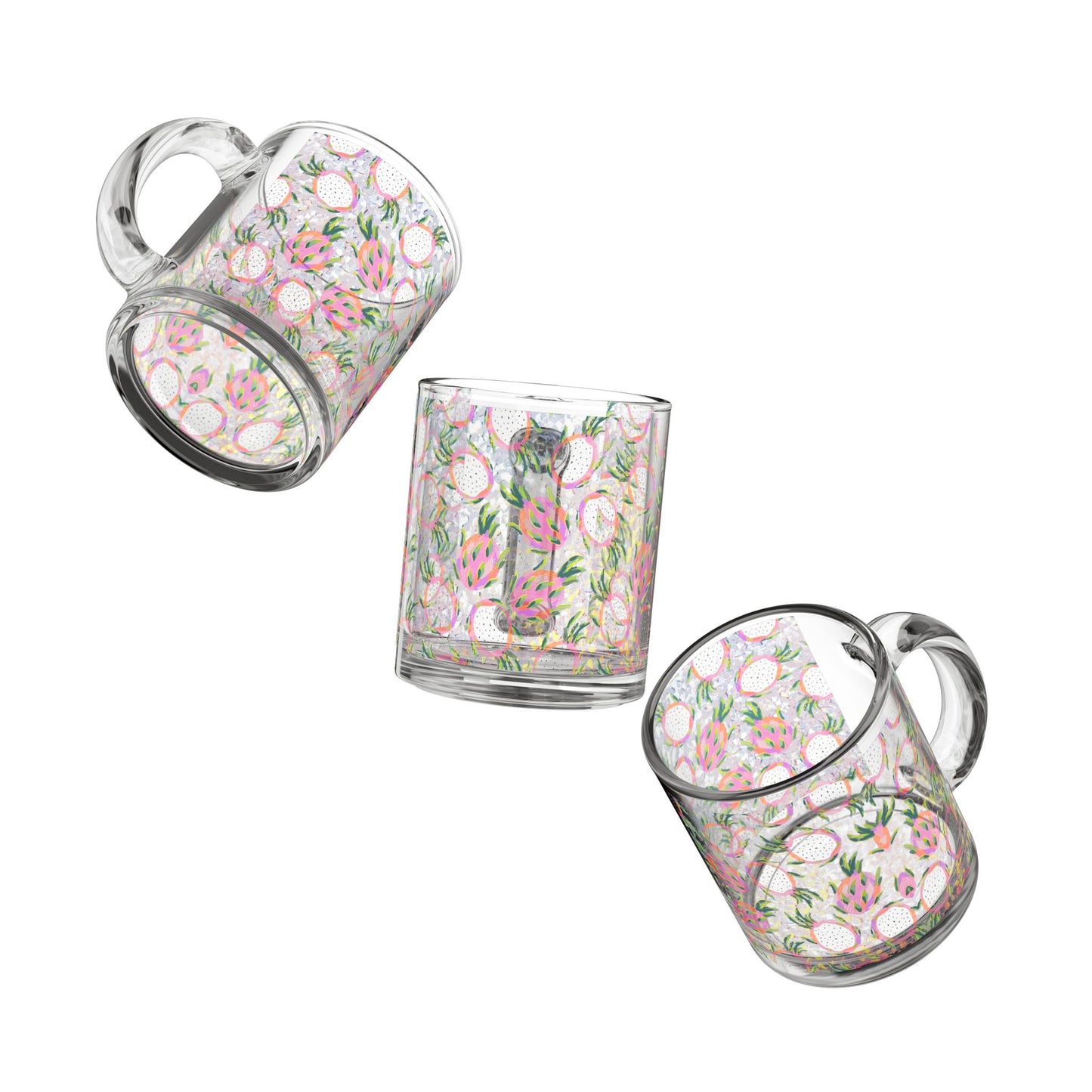 Exotic Fruit Pattern Glass Mug 10oz Clear Coffee Tea Cup