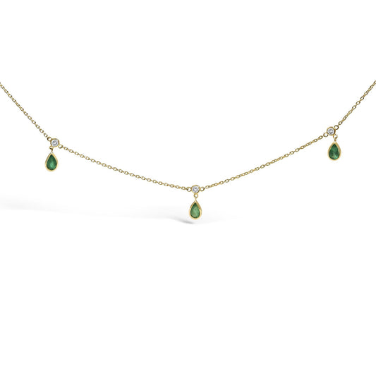 10K Yellow Gold Dangling 5x3 mm Green Emerald and Diamond Station Necklace - 18" Inches-0