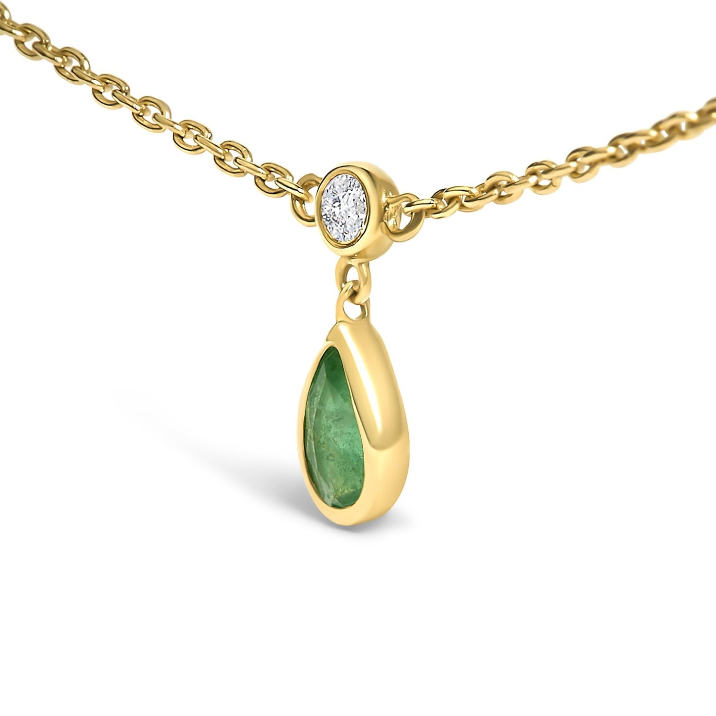10K Yellow Gold Dangling 5x3 mm Green Emerald and Diamond Station Necklace - 18" Inches-3