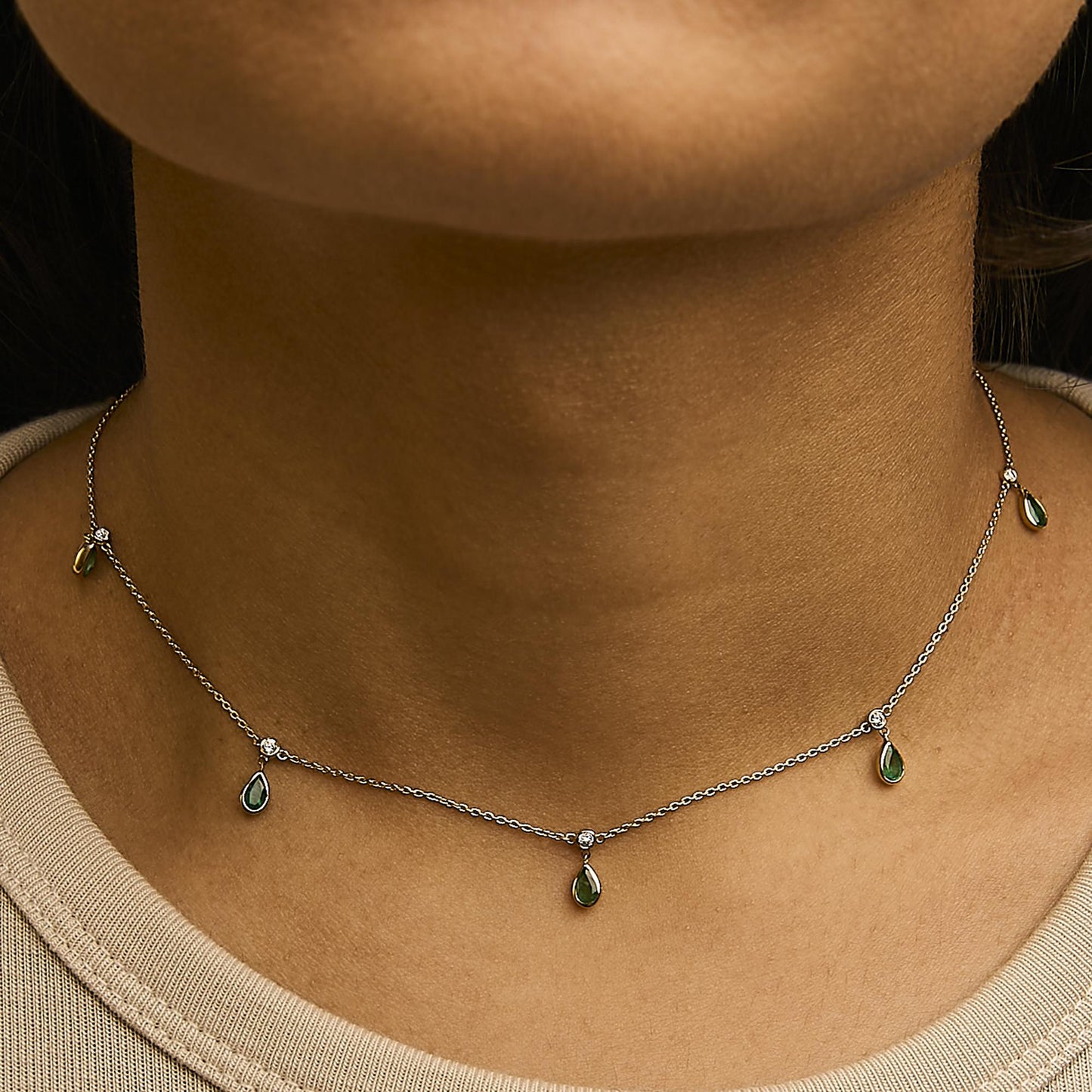 10K Yellow Gold Dangling 5x3 mm Green Emerald and Diamond Station Necklace - 18" Inches-2