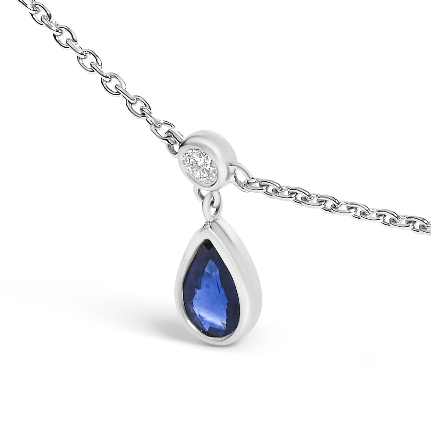 10K White Gold Dangling 5x3 mm Pear Blue Sapphire and Diamond Station Necklace - 18" Inches-3