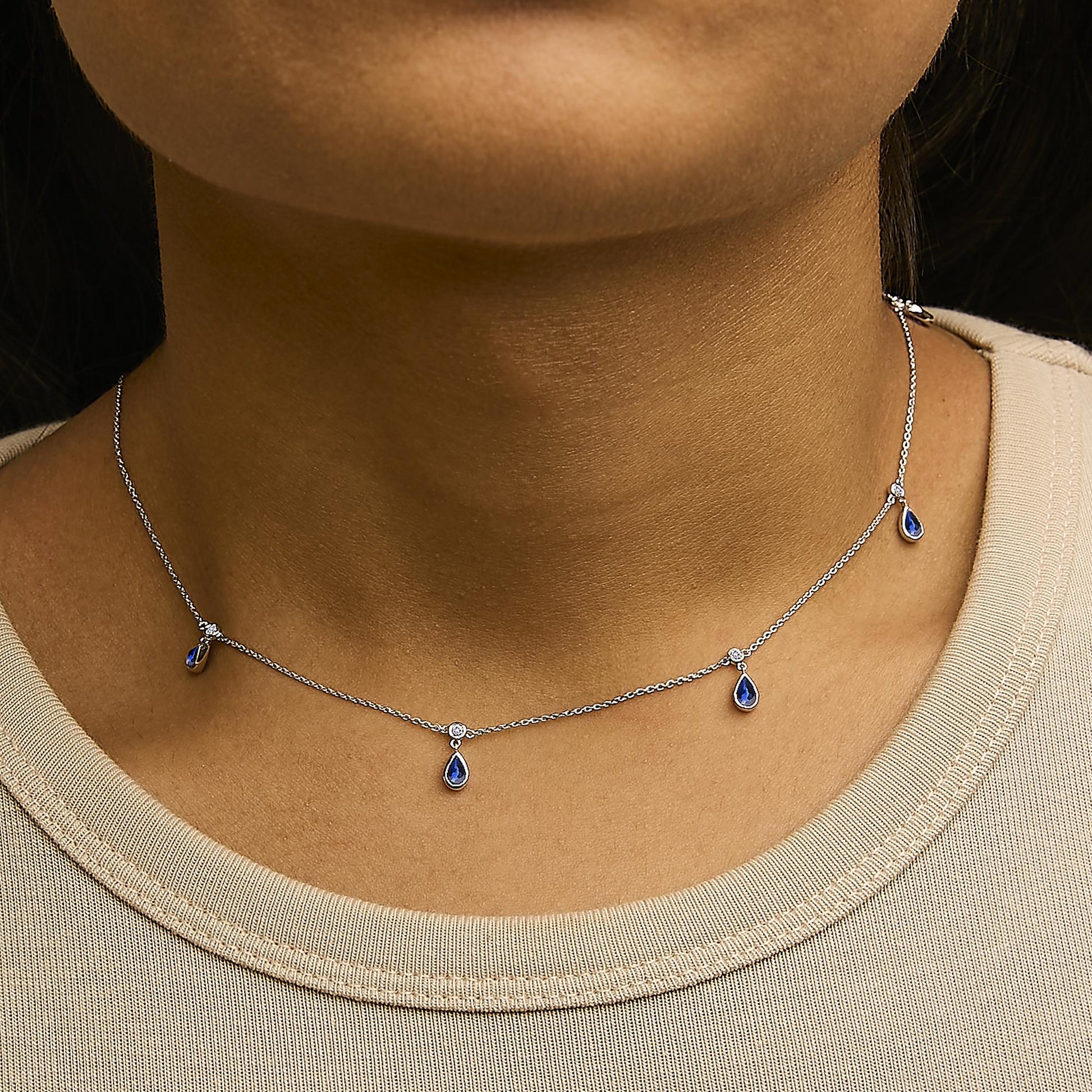 10K White Gold Dangling 5x3 mm Pear Blue Sapphire and Diamond Station Necklace - 18" Inches-2
