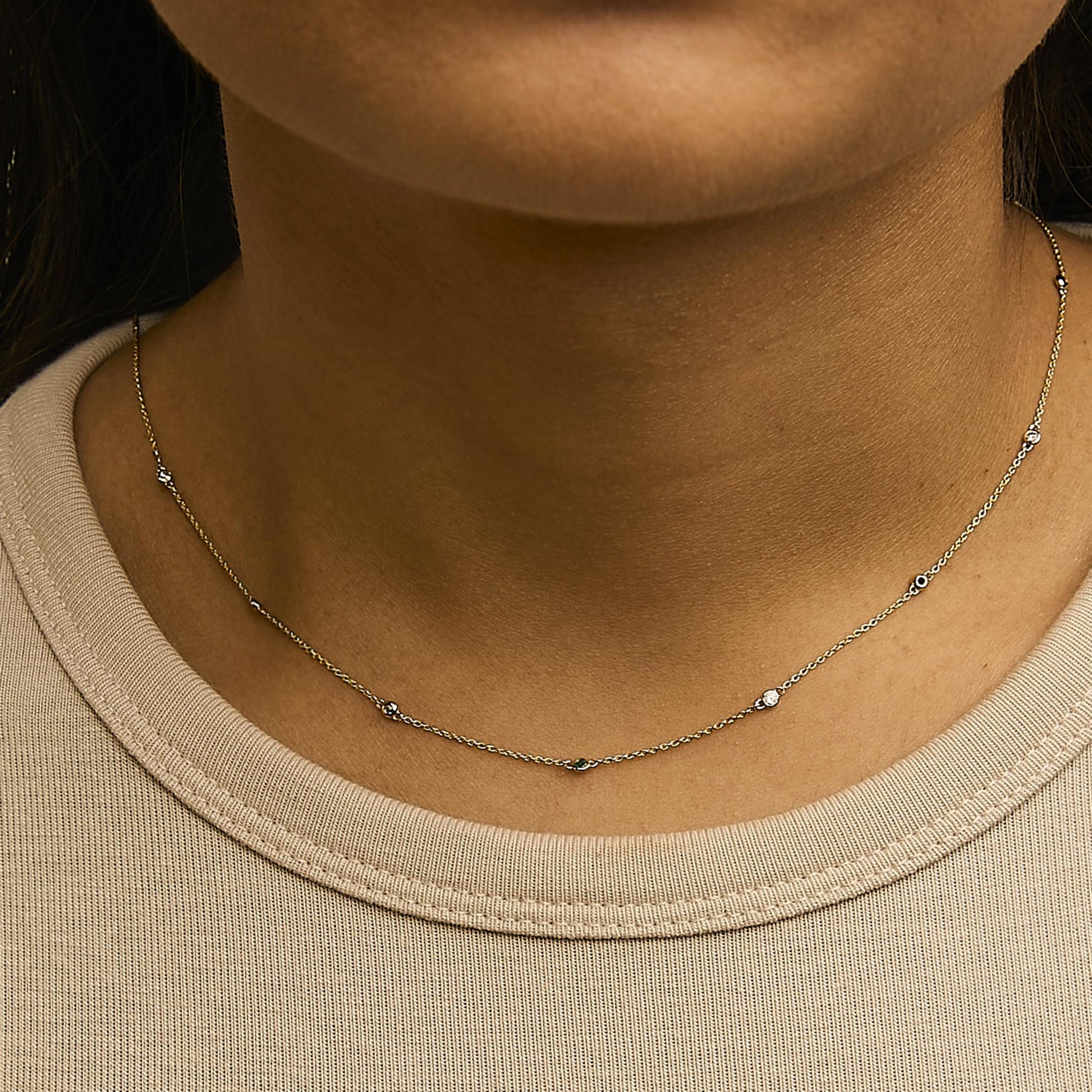 14K Yellow Gold Bezel Set Alternating Green Emerald and Diamond Station Necklace - 18" Inches-2