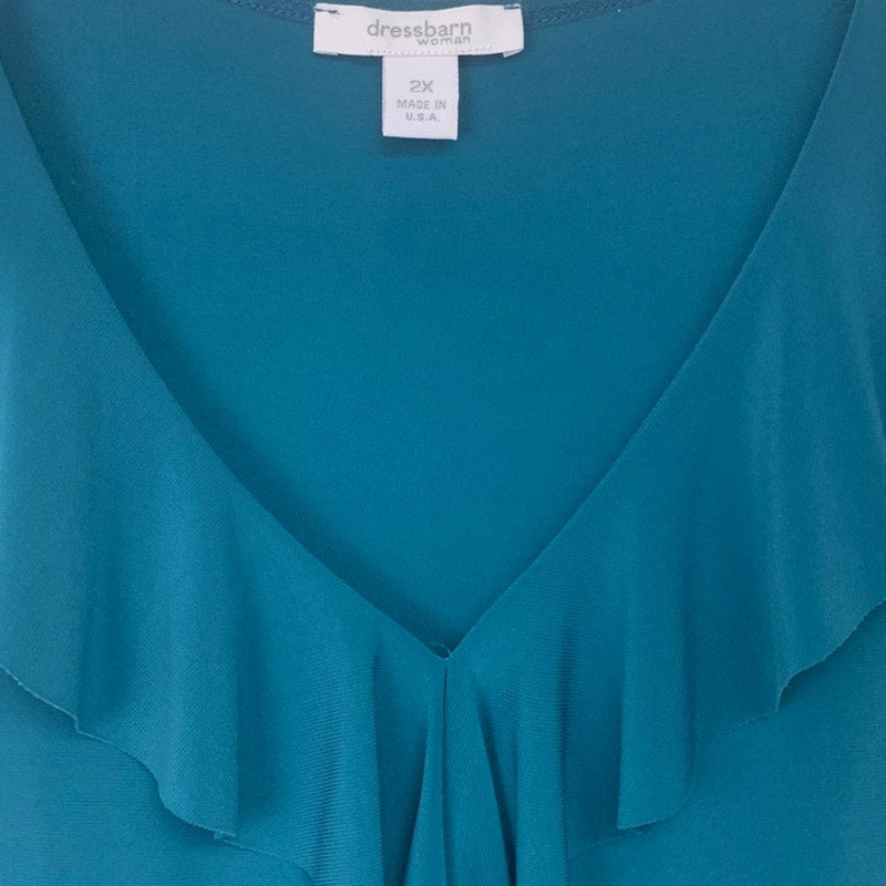 DressBarn Womens 2X Deep Teal PolySpandex Sleeveless V Neck Ruffled Blouse