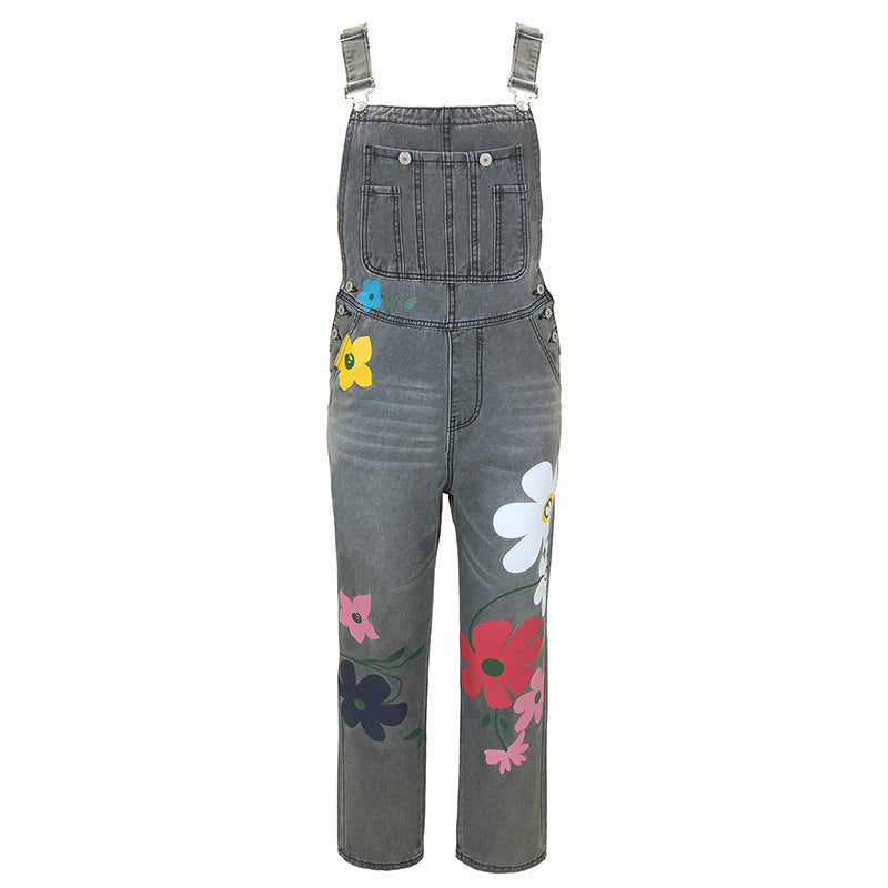 Printed jeans with non elastic straps and long pants straight tube