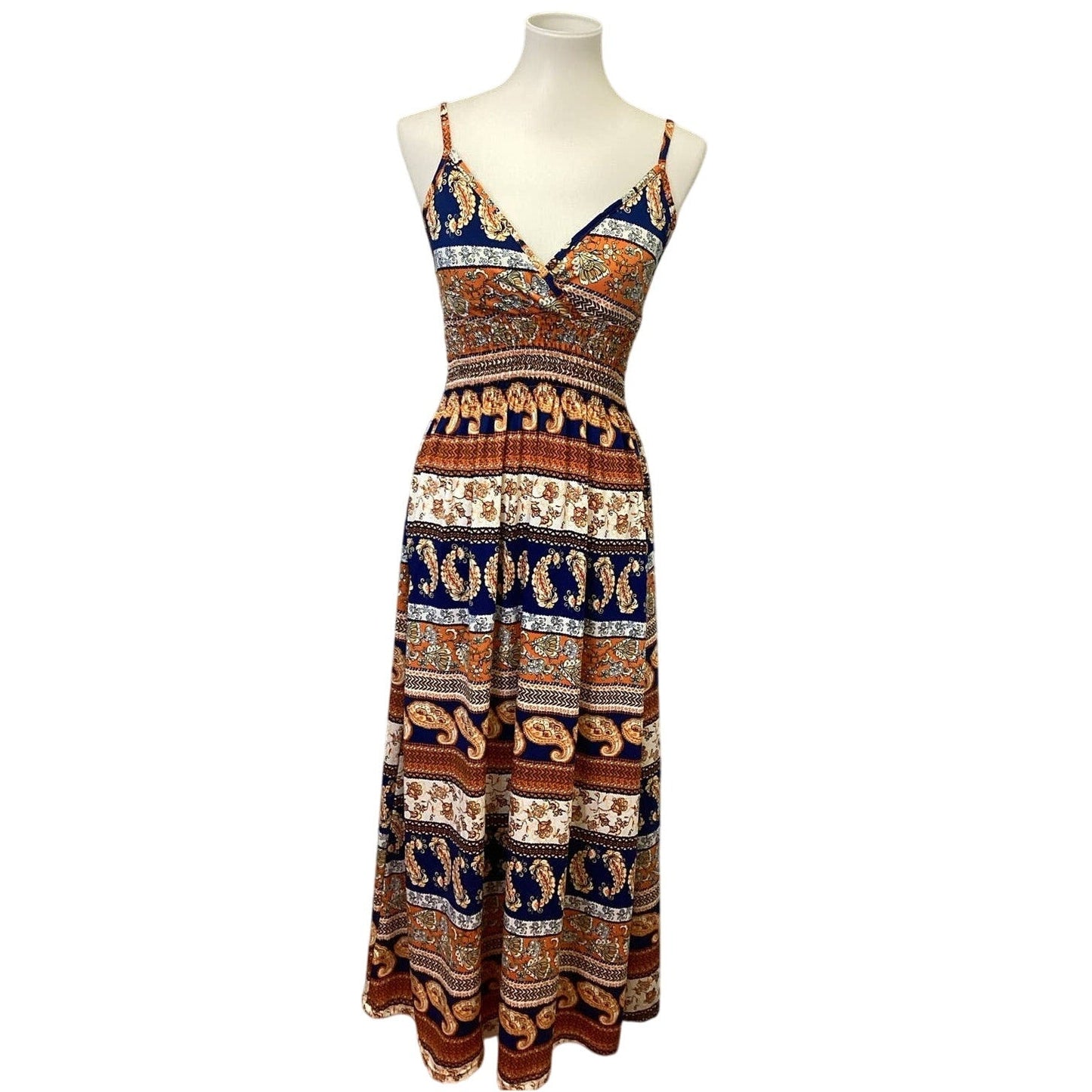 Bobbie Brooks Womens Medium Boho Paisley Floral Print Strappy Deep V Maxi Dress