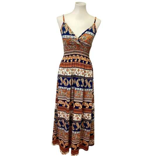 Bobbie Brooks Womens Medium Boho Paisley Floral Print Strappy Deep V Maxi Dress