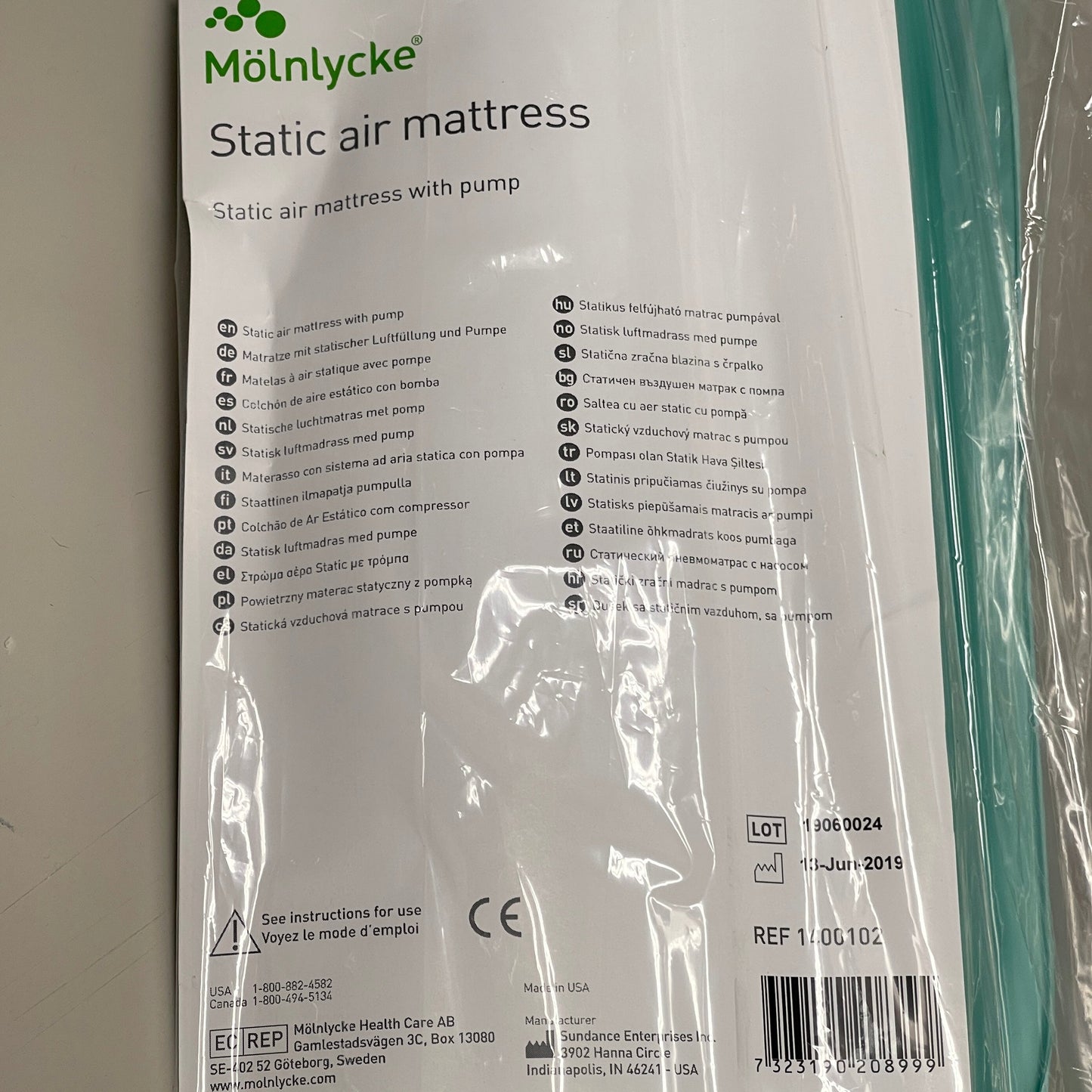 MOLNLYCKE Inflatable Static Air Mattress w/ Hand Pump Twin Teal 1400102