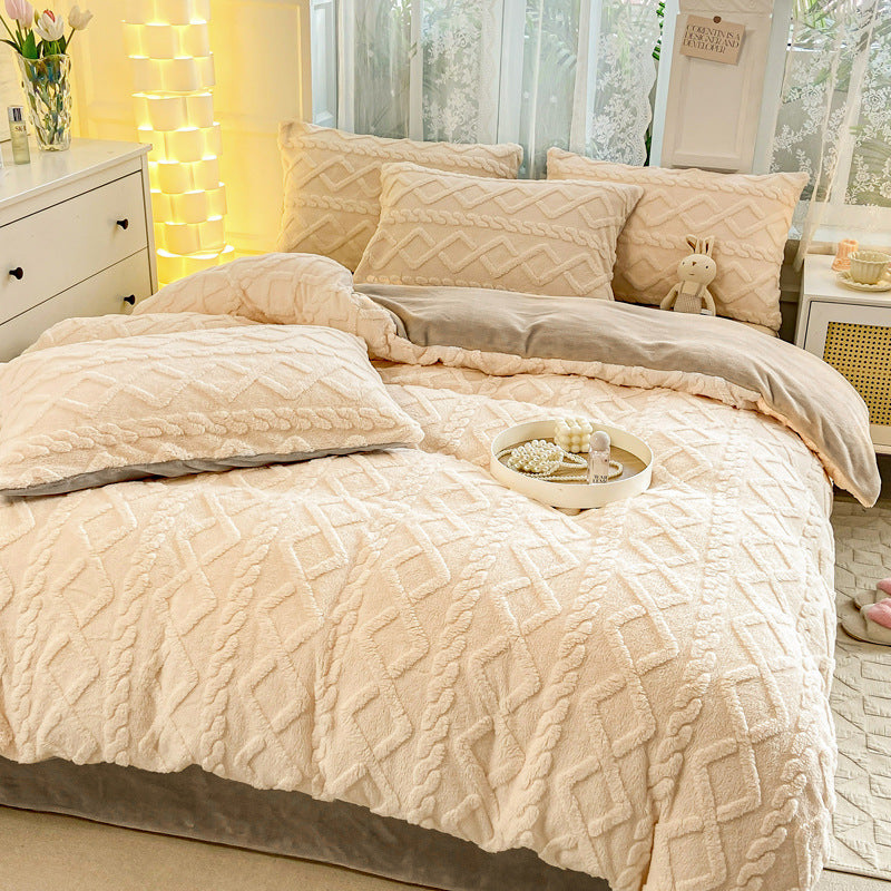 Winter Flannel 4-Piece Bedding Set, Thick Warm Milk Velvet Coral Fleece Duvet Cover, Student Dormitory 3-Piece Set for Wholesale