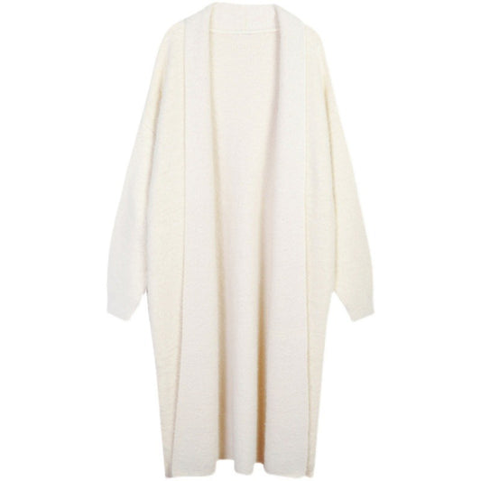 Knee length faux mink fur cardigan sweater loose knit jacket outerwear