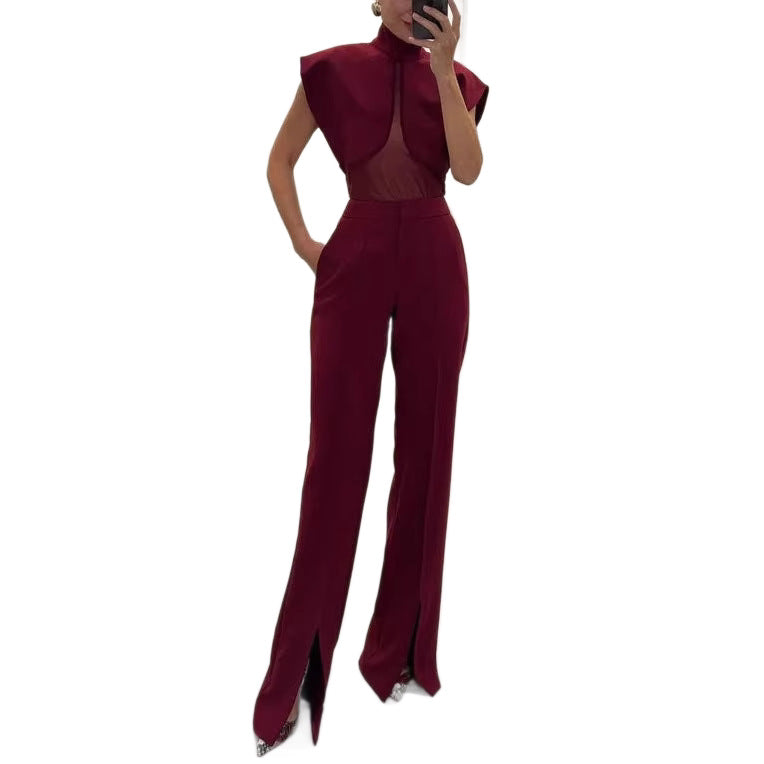 Wine red stand collar sleeveless mesh spliced jumpsuit with high-end split trousers set