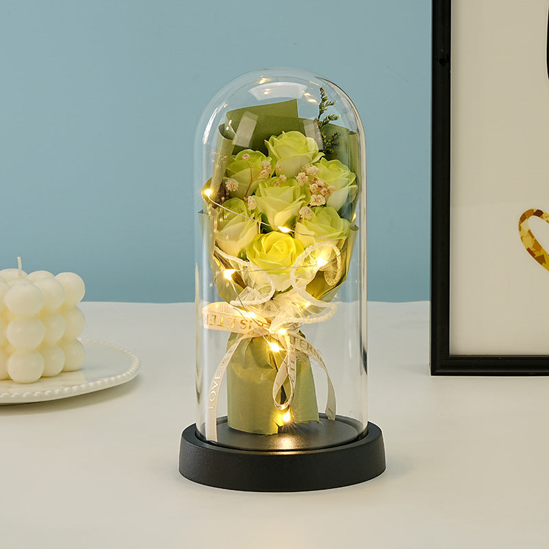 Eternal Rose Flower Bouquet Glass Dome Night Light Decoration Dried Flowers Baby's Breath Valentine's Day Gift for Her