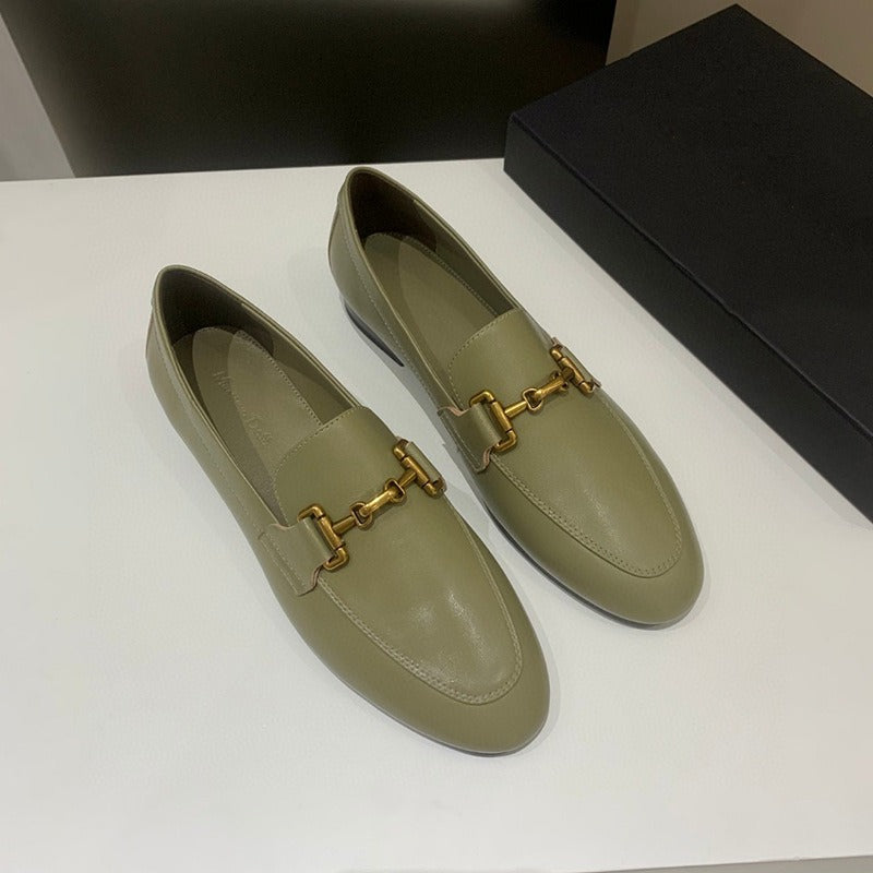 Women's shoes round toe sheepskin flat bottomed metal buckle leather loafers