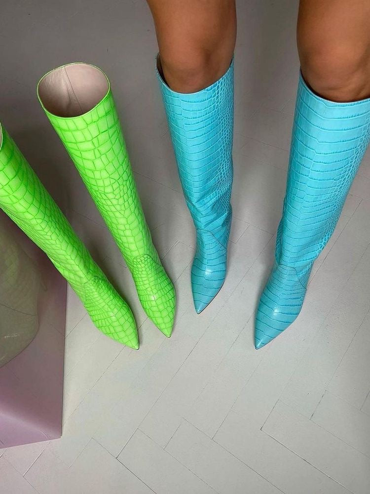 New Womens Pointed Toe Crocodile Pattern Knee Thigh Boots Stilettos High Heel Shoes Plus Size 9 Colors
