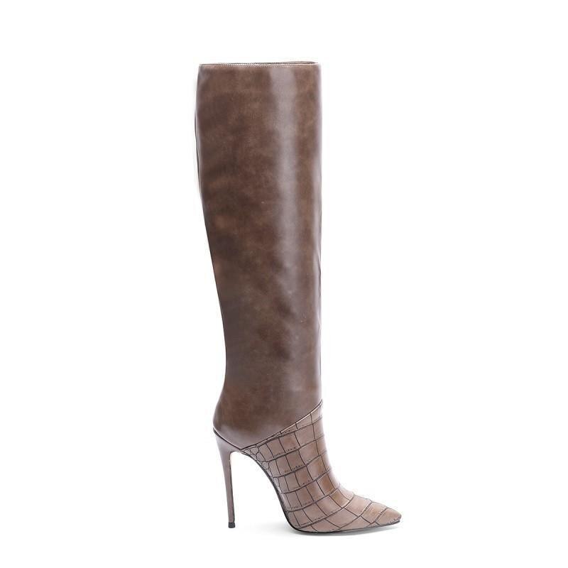 Fall Fashion Women Party Shoes Royal Blue Sexy Stone Pattern Stiletto Heel Boots Big Size 45 Pointy Toe Knee High Long Boots