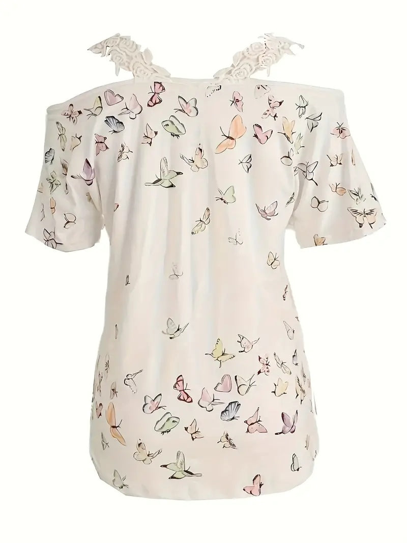 🦋 Vibrant Butterfly Lace Off-Shoulder V-Neck Tee