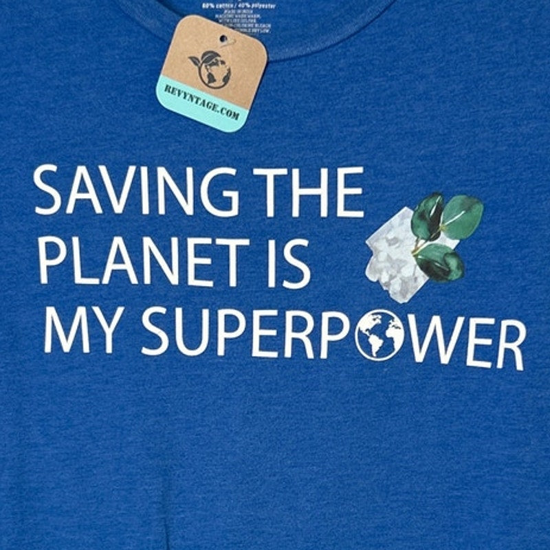 Upcycled Hand Printed Womens Small Saving The Planet Is My Superpower Tee Shirt