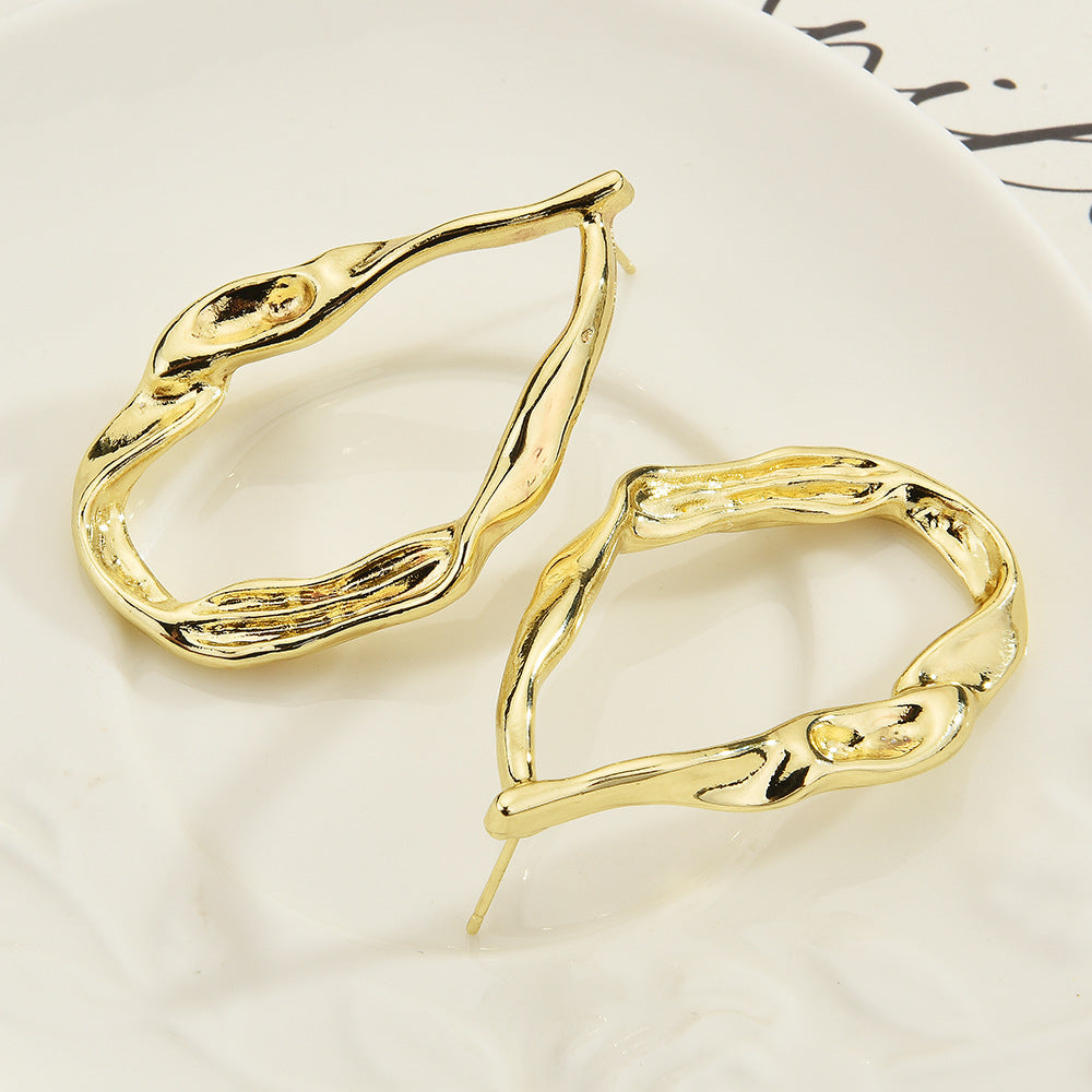 Organic Irregular Water Drop Hoop Earrings, Hammered Liquid Texture Gold Open Hoops, Minimal Quiet Luxury Women Jewelry For Europe Spain