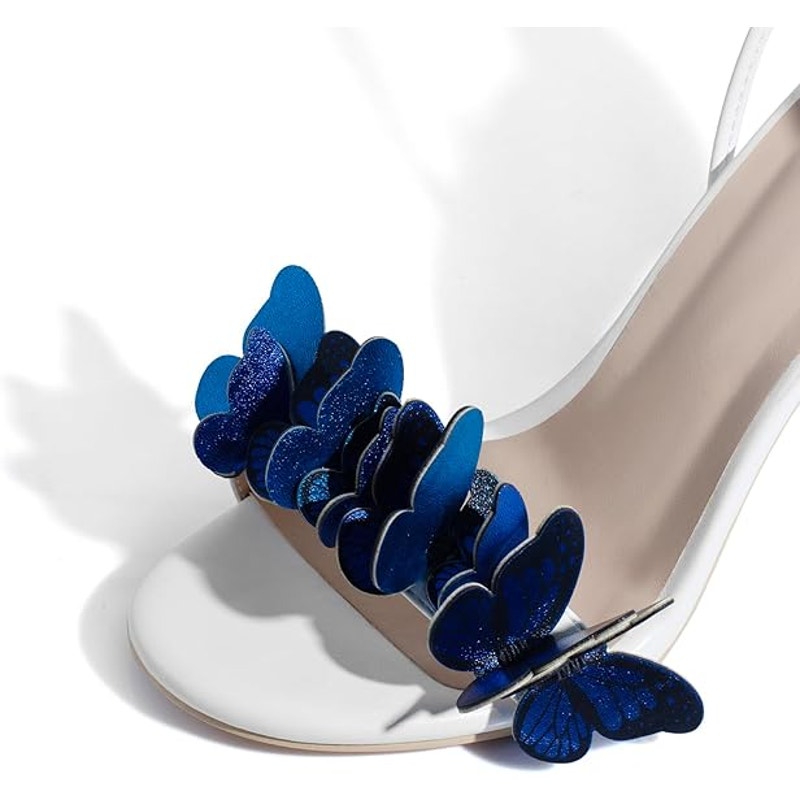 I Adore Womens 9 White 4.5" Heel Open Round Toe Blue Butterfly Ankle Tie Shoes