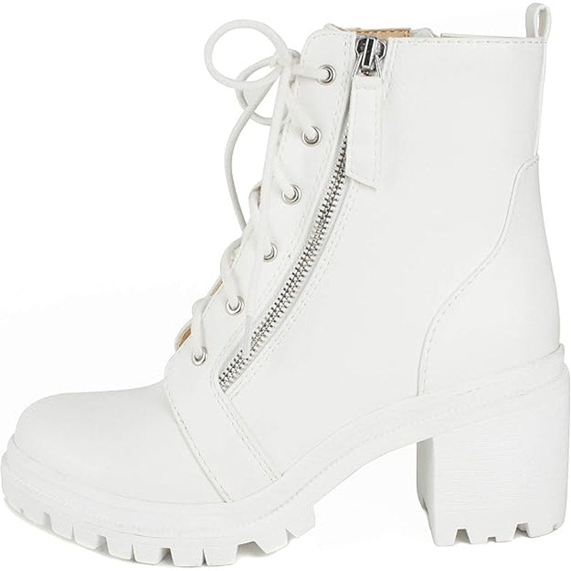 SODA Indiana Women Size 8 White Faux Leather Lace Up 3" Chunky Heel Combat Boots
