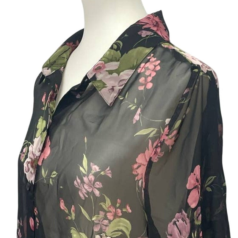 Fashion Bug Womens 14W 16W Sheer Floral Long Sleeve Polyester Button Down Blouse